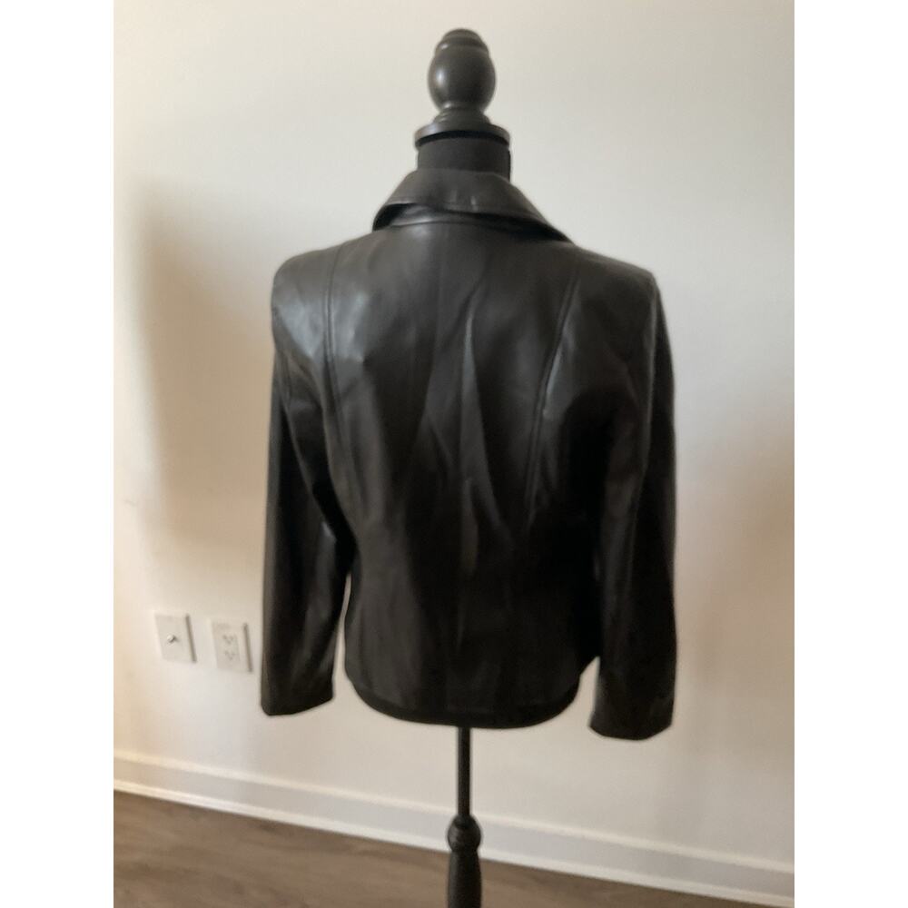 Elie Tahari Black faux Leather Double Breasted Collared Button Short Jacket, M - Picture 2 of 5
